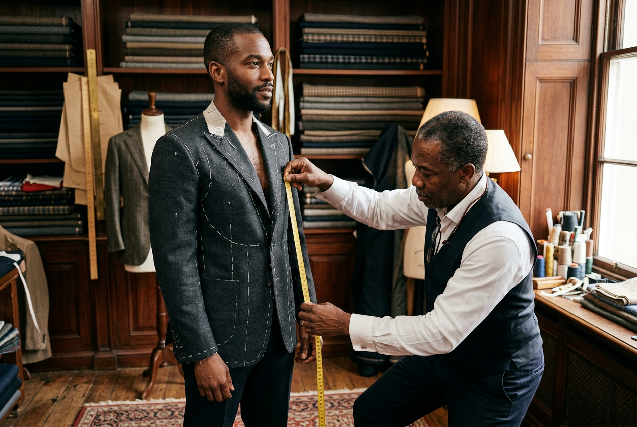 A bespoke fitting at a tailor's atelier.