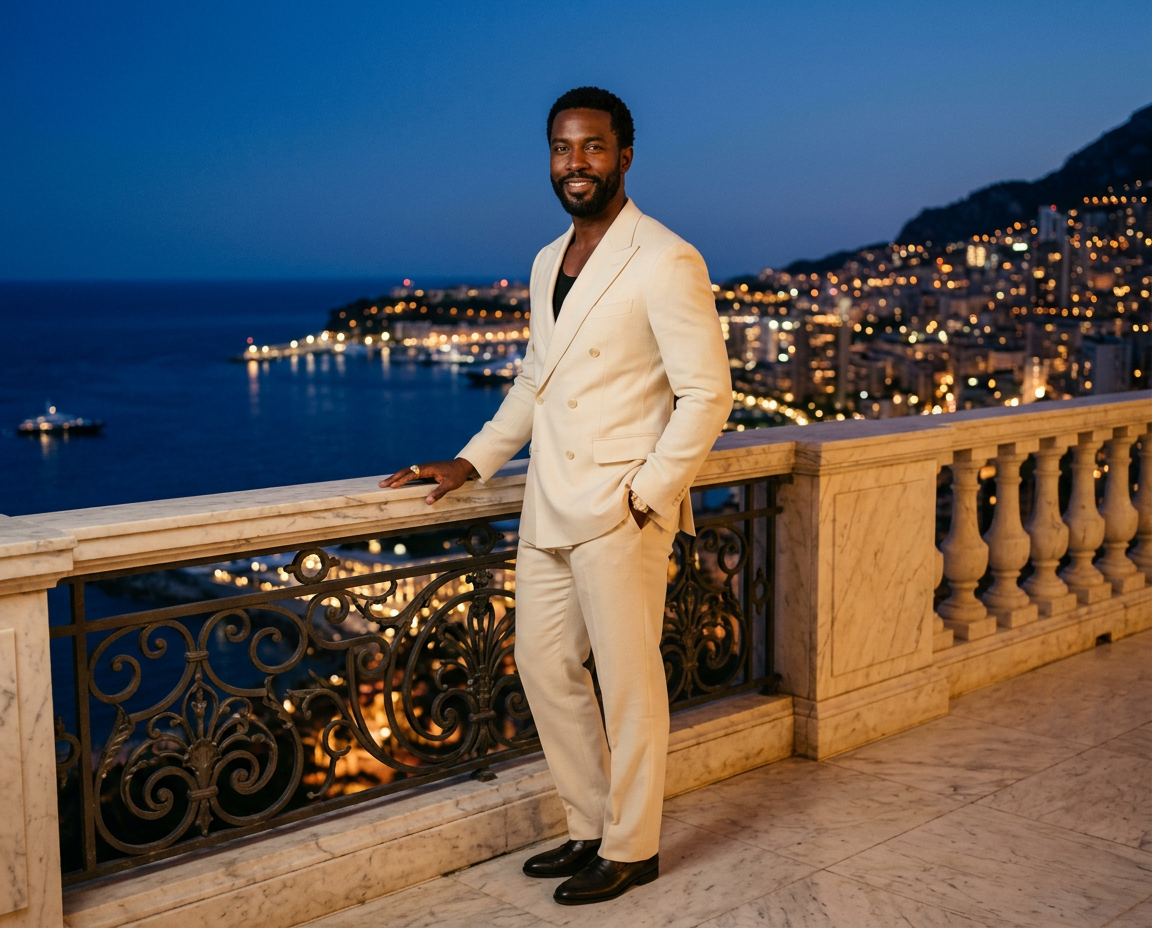 A man in a cream tailored suit on a moonlit terrace overlooking the coastline.